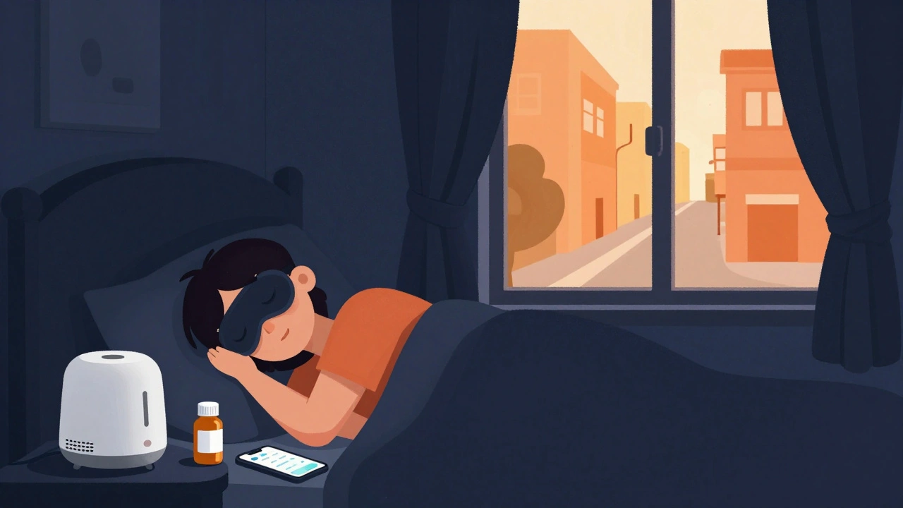 Person sleeping in a dark room with blackout curtains and melatonin bottle nearby.