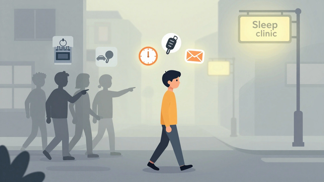 Person walking through fog with symbols of daily struggles and a distant clinic light.