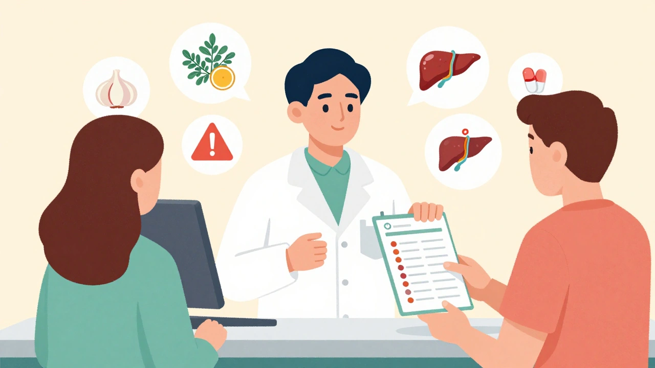 Pharmacist and patient reviewing medication chart with floating supplement icons and caution symbols.