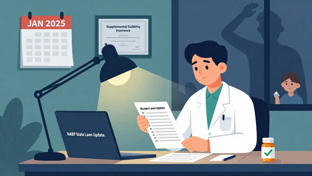 Pharmacist reviewing substitution checklist and consent forms under desk lamp at night