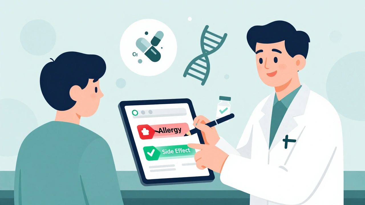 Pharmacist updating a patient&#039;s record from &#039;allergy&#039; to &#039;side effect&#039; with medical icons floating nearby.