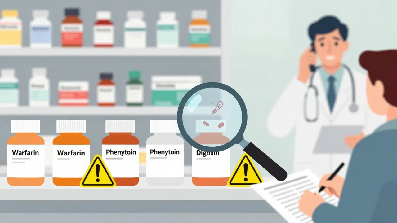 Pharmacy shelf with high-risk generic drugs marked by yellow caution triangles