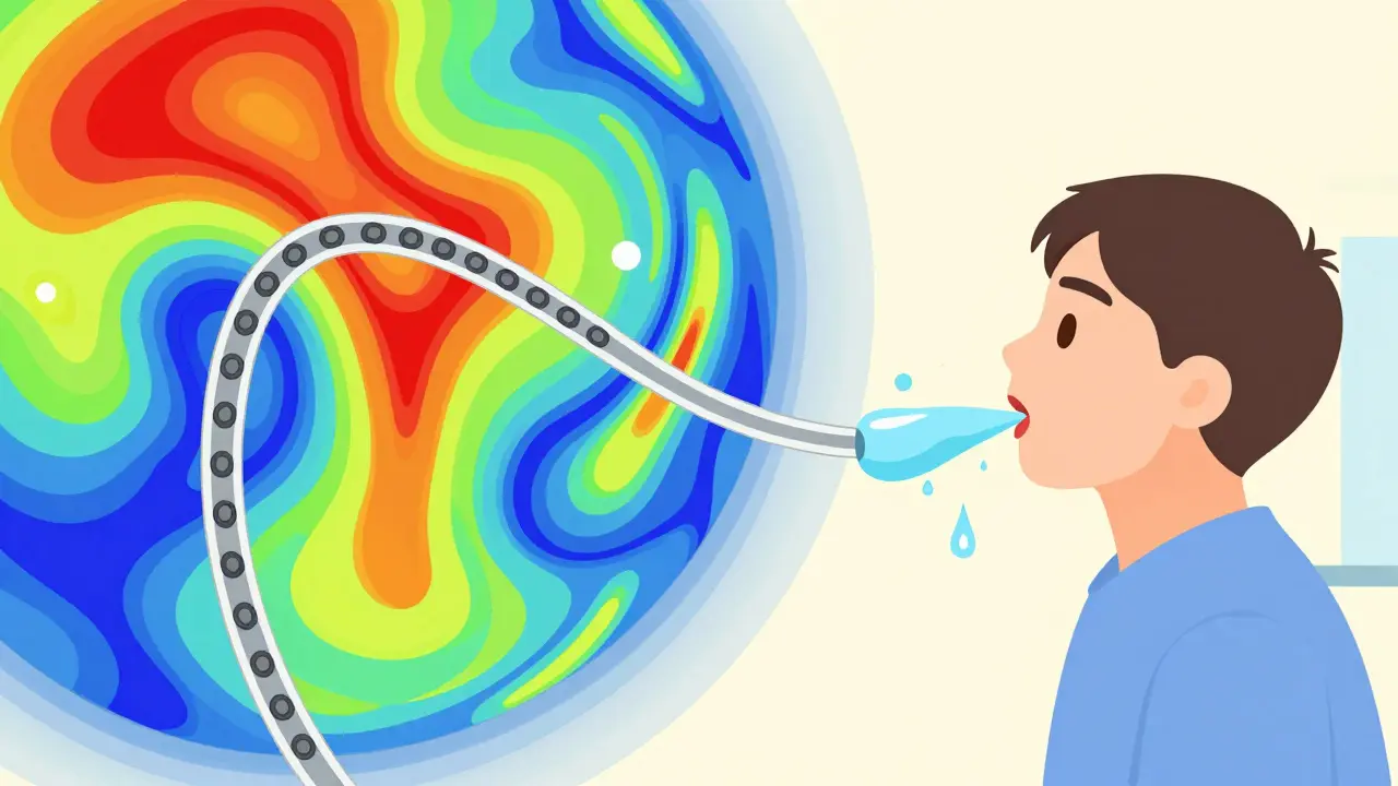 Pressure-sensing tube mapping esophageal contractions with color-coded heatmap during swallowing.