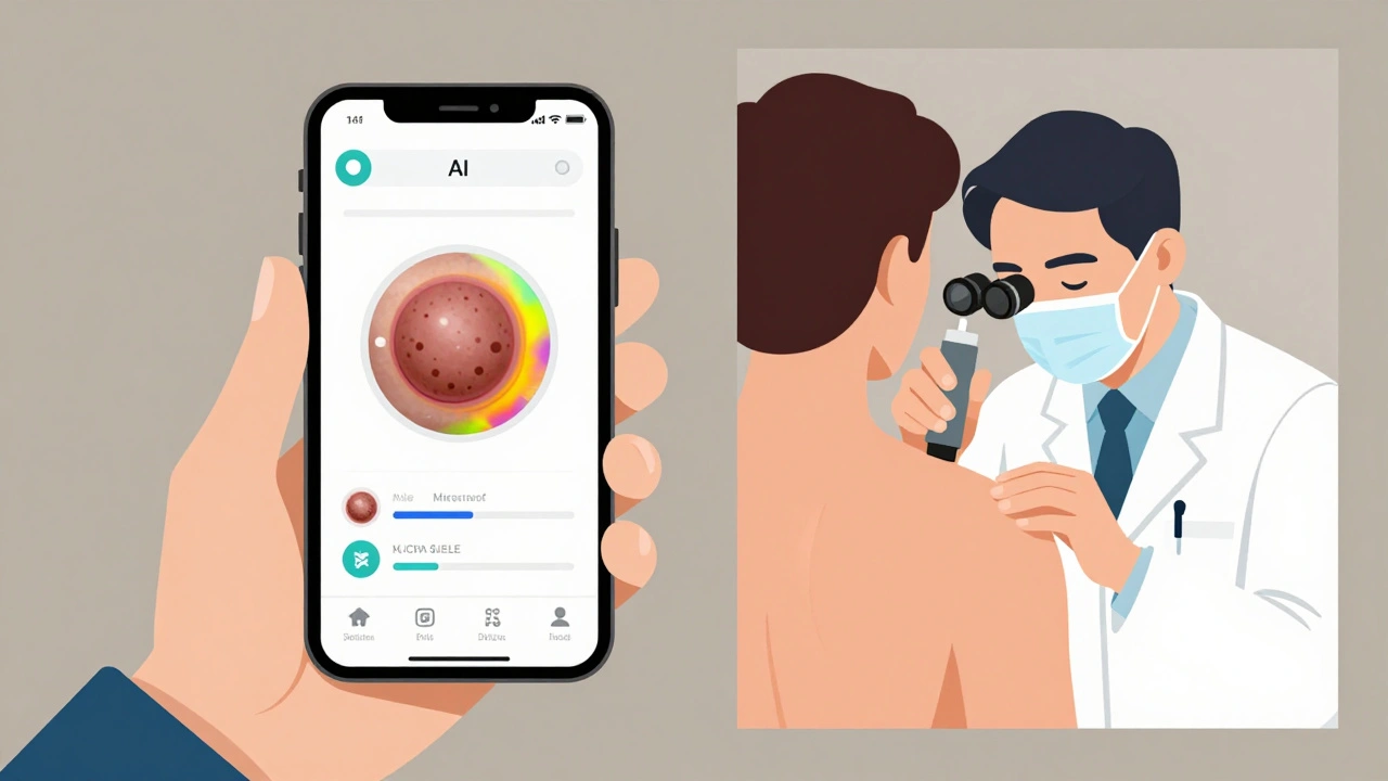 Smartphone AI mole analysis next to dermatologist using dermoscope on patient