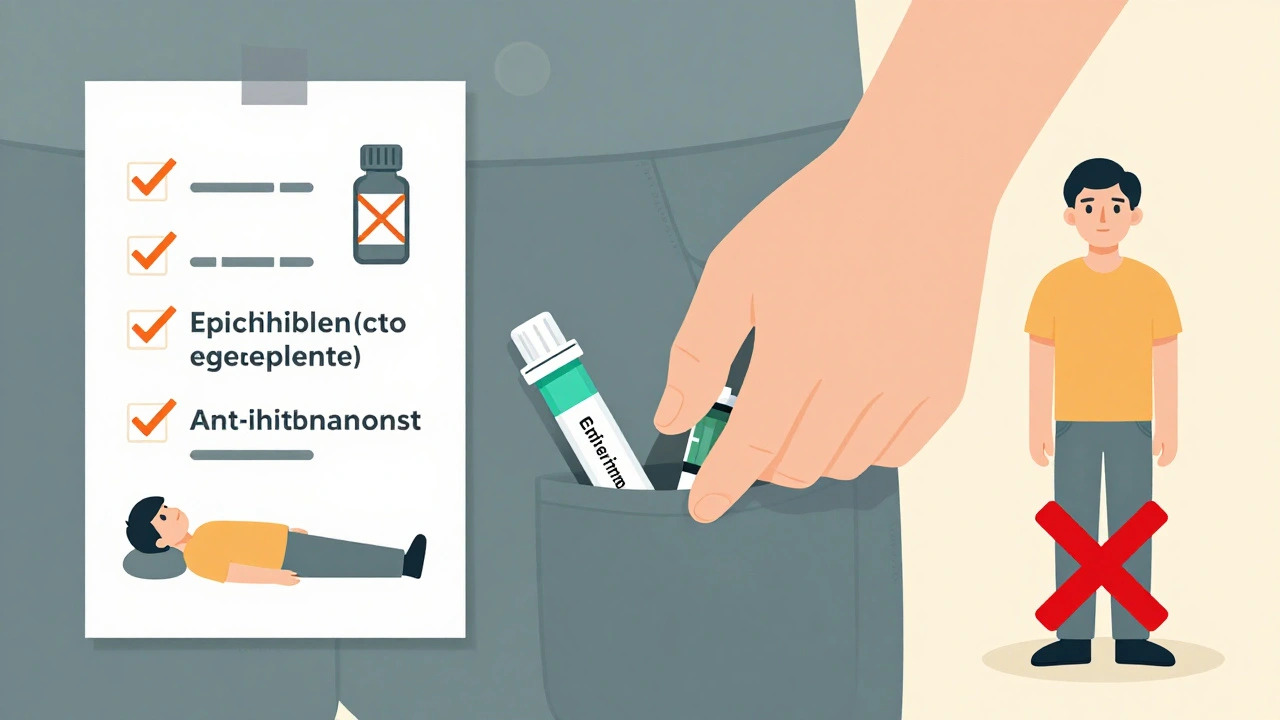 Someone carrying two epinephrine auto-injectors with icons showing correct and incorrect actions.