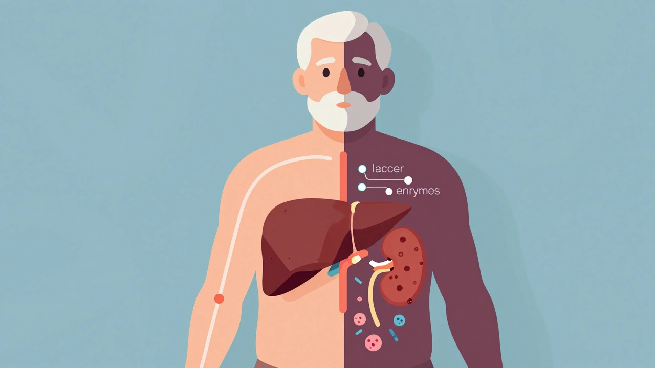 Split-body illustration showing healthy vs. compromised drug metabolism during cancer treatment.