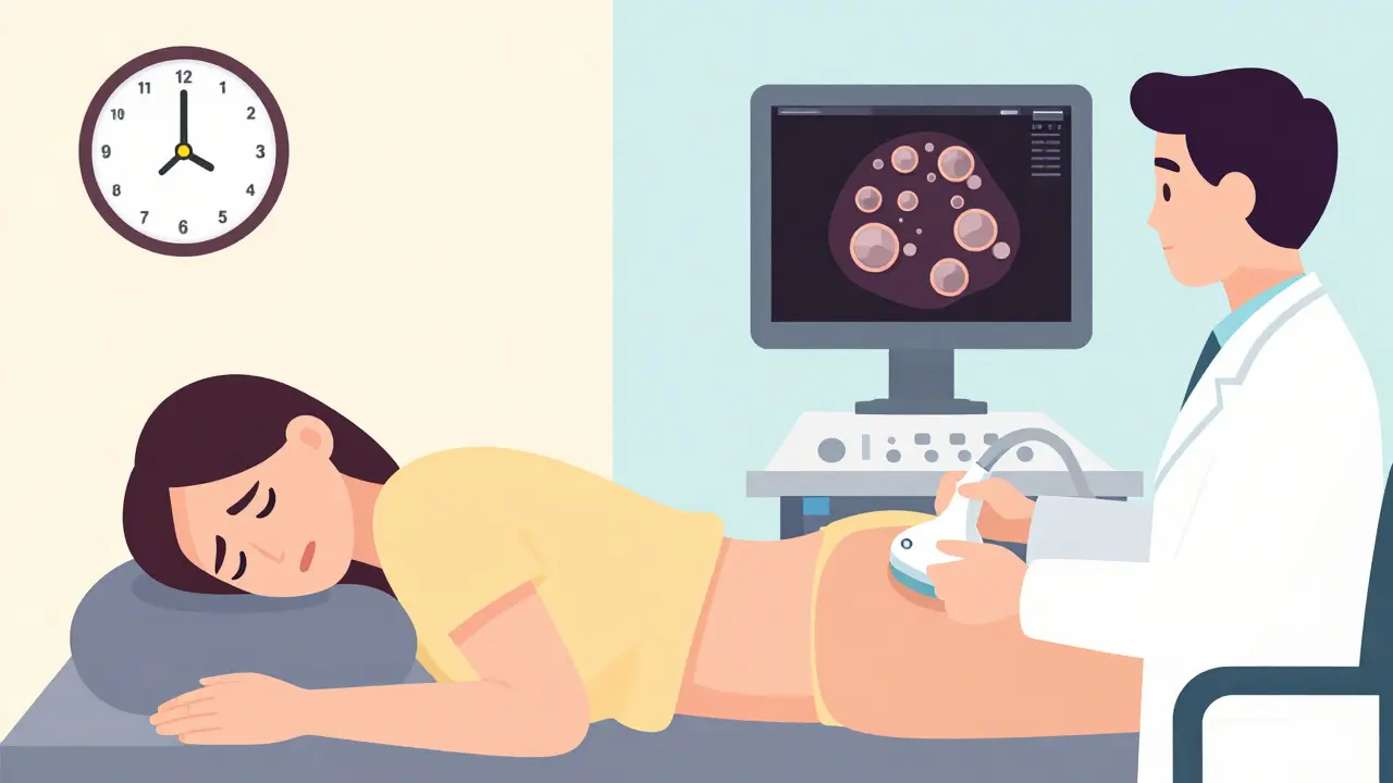 Split illustration of patient in pain and doctor using ultrasound to detect gallstones