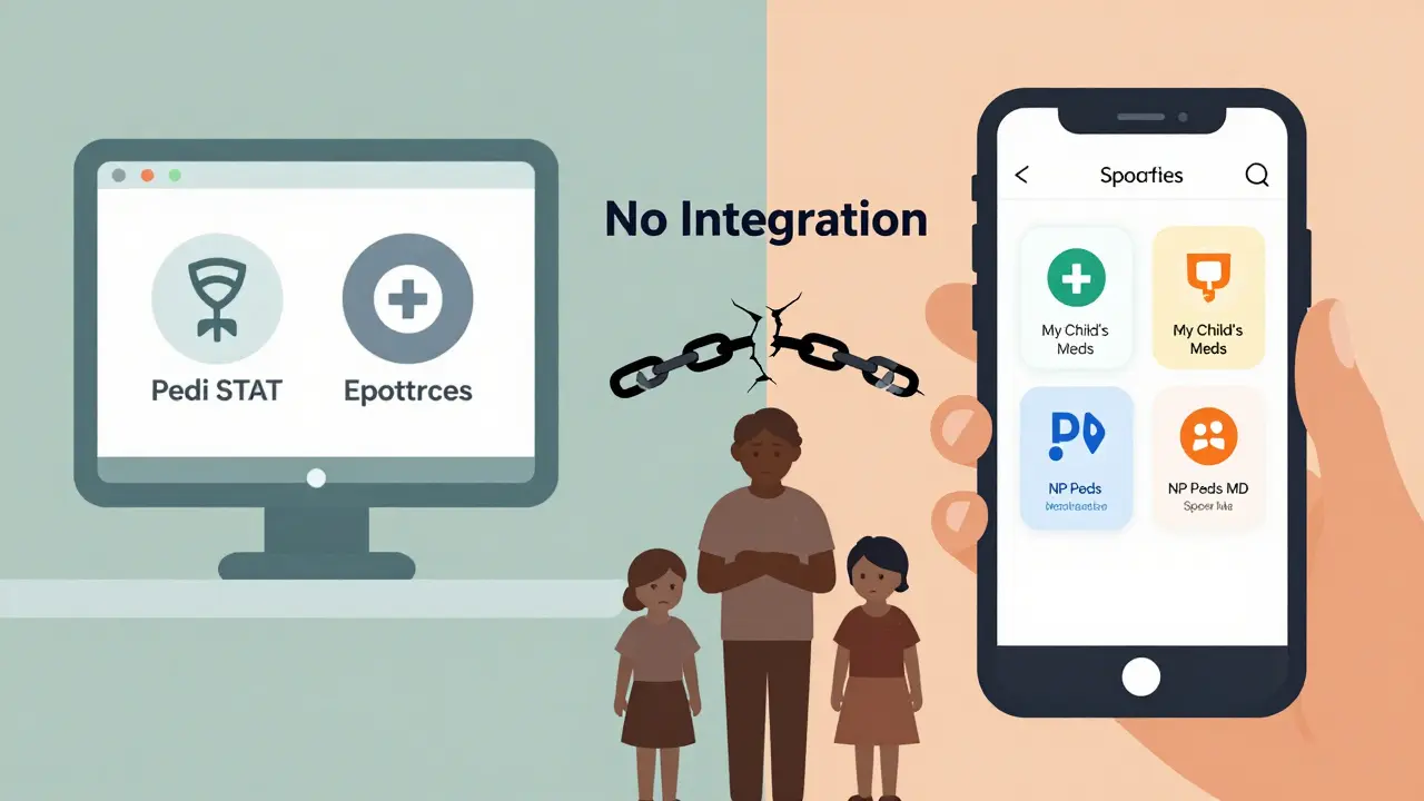 Split illustration showing disconnected hospital and home medication apps with family in middle.