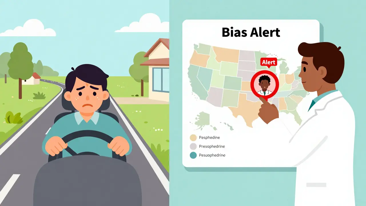 Split illustration showing rural access challenges and state-by-state regulatory differences for BTC meds.