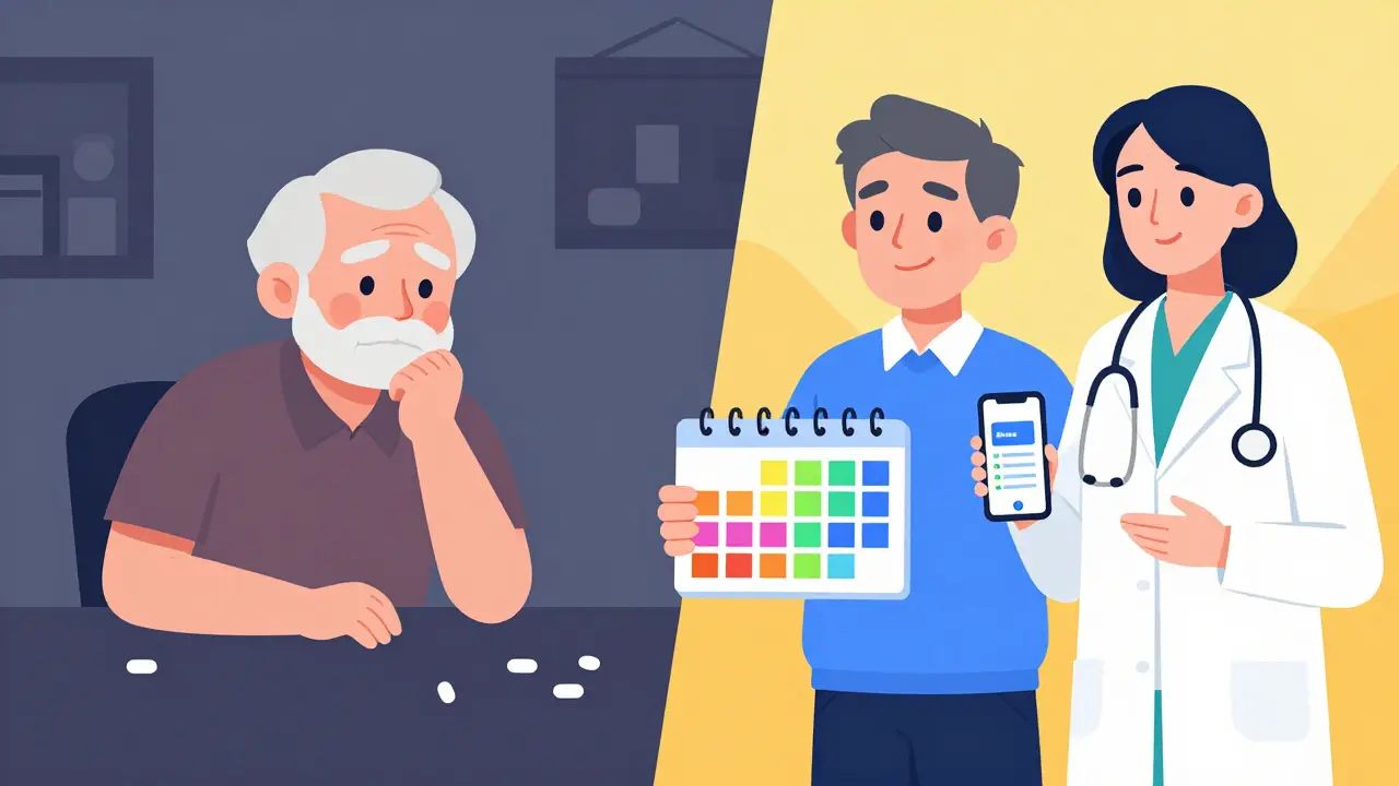 Split image: person alone with pills vs. same person supported by advocate with color-coded pill schedule.