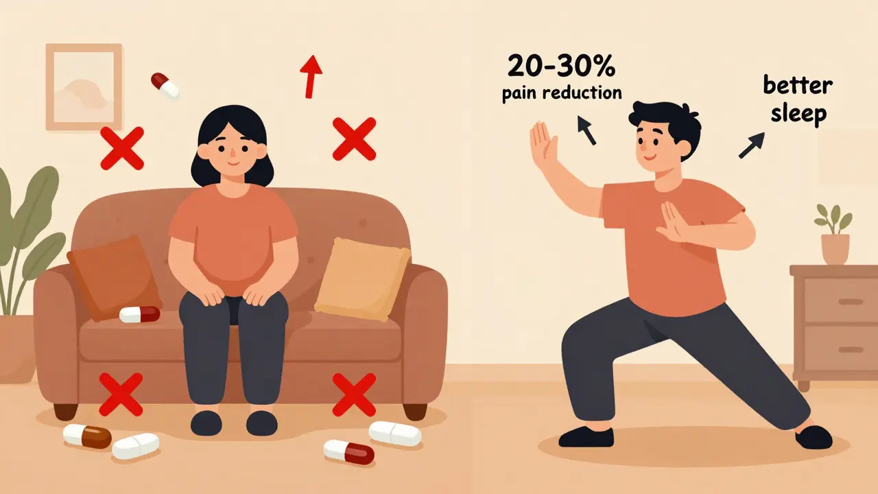 Split image showing ineffective pills on one side and tai chi with pain reduction benefits on the other.