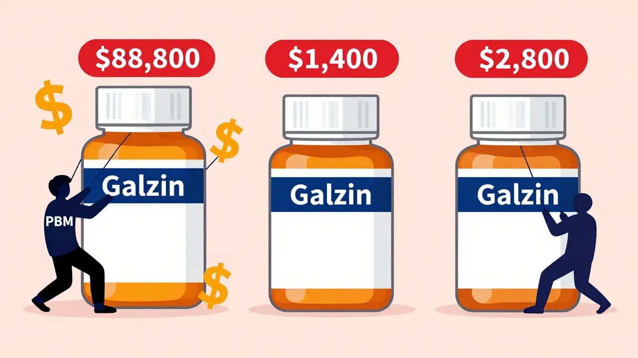 Three identical pill bottles with vastly different prices: ,800 in the U.S., ,400 in the UK, ,800 in Germany.