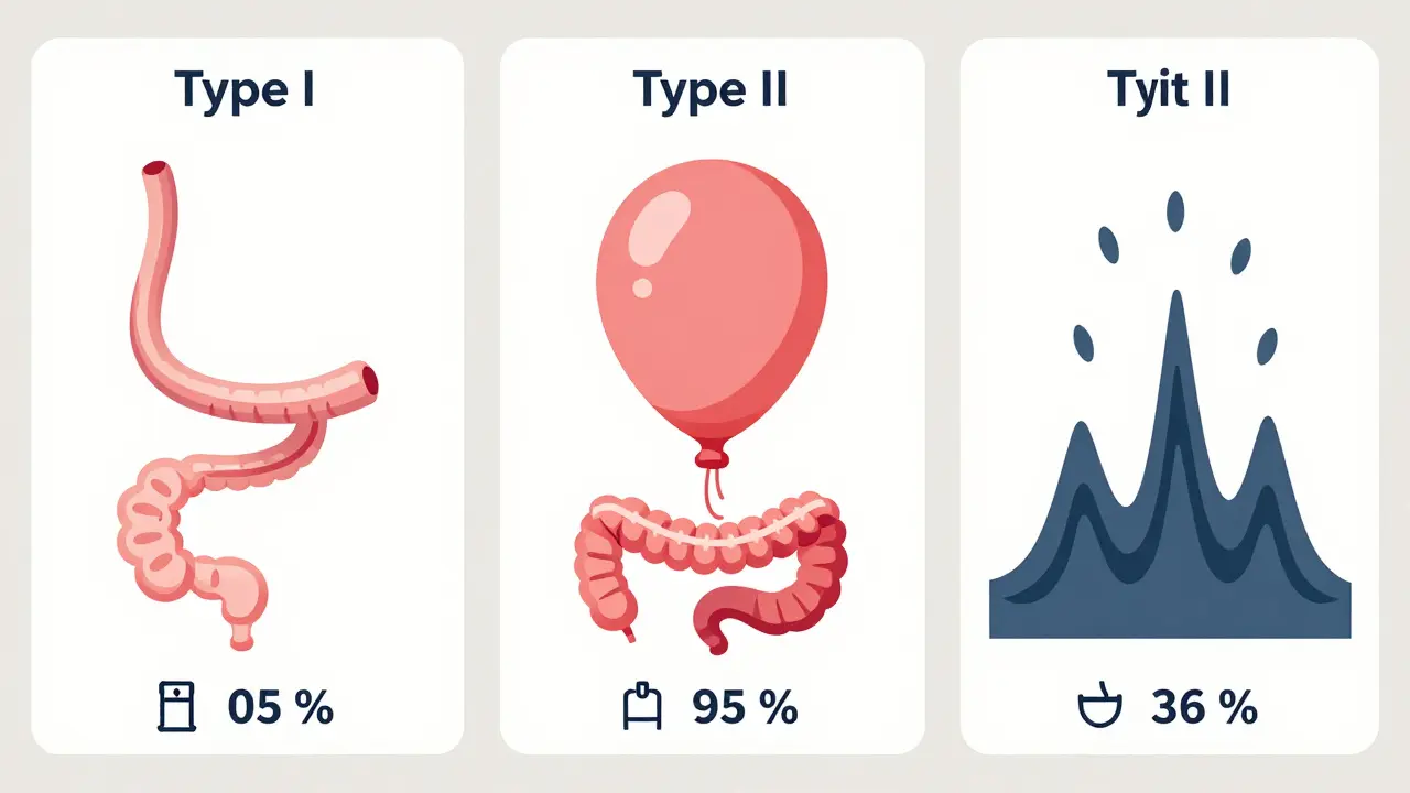 Three types of esophageal motility disorders illustrated as simplified anatomical diagrams.
