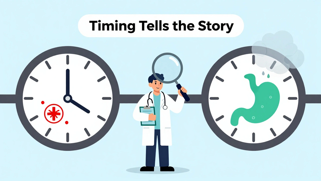 Timeline graphic comparing immediate allergic reaction to delayed side effect after taking medication.