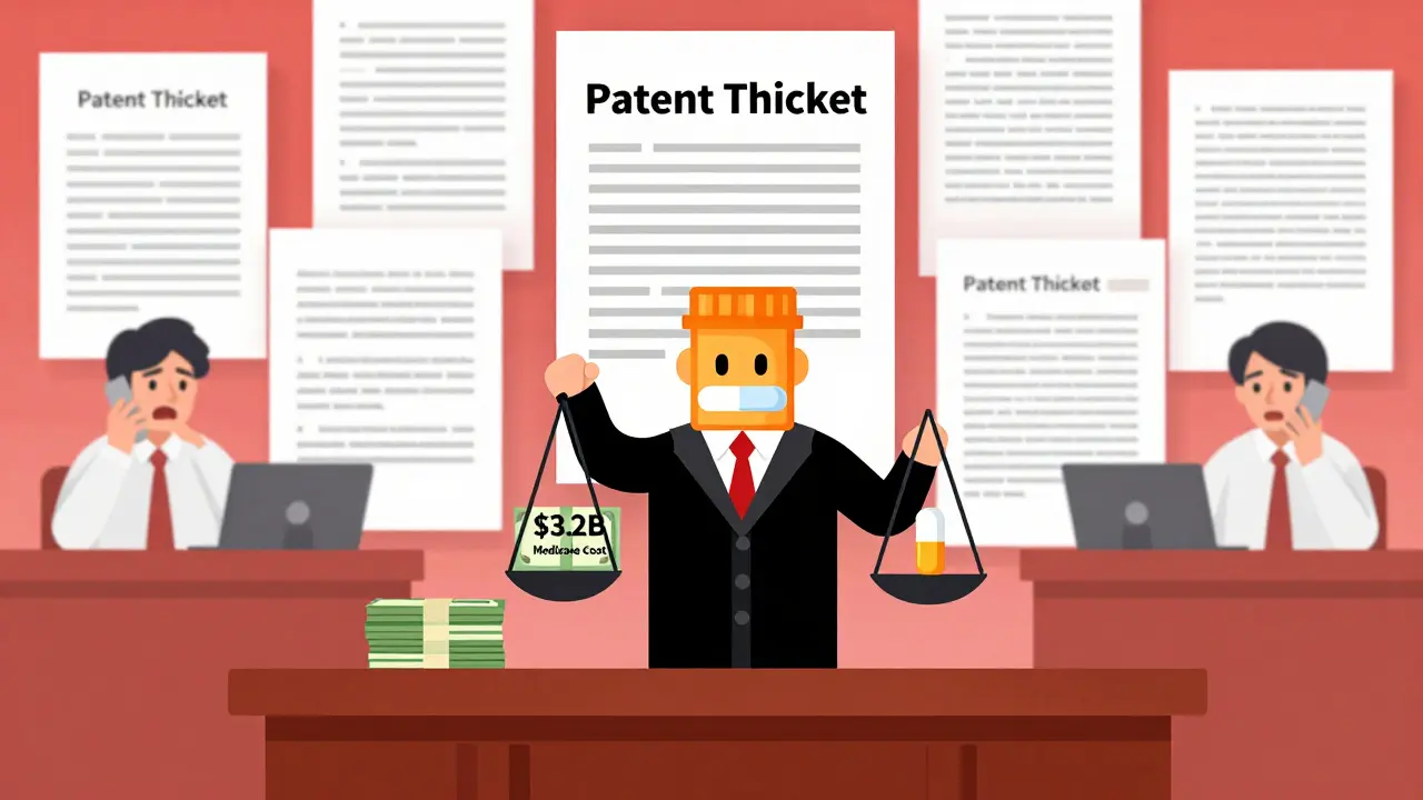 Tiny generic bottle in courtroom overwhelmed by legal documents and rising costs.