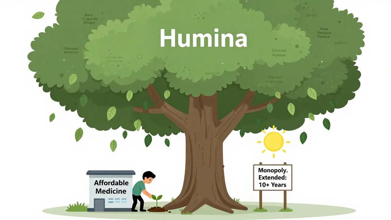 Tree with 240 patent leaves shades a small seed labeled 'Affordable Medicine'.