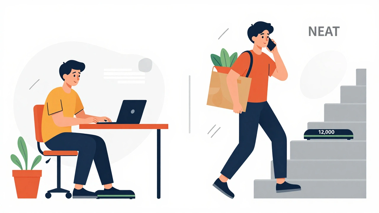 Two people compared: one sedentary, one active, showing how daily steps vary without exercise equipment.
