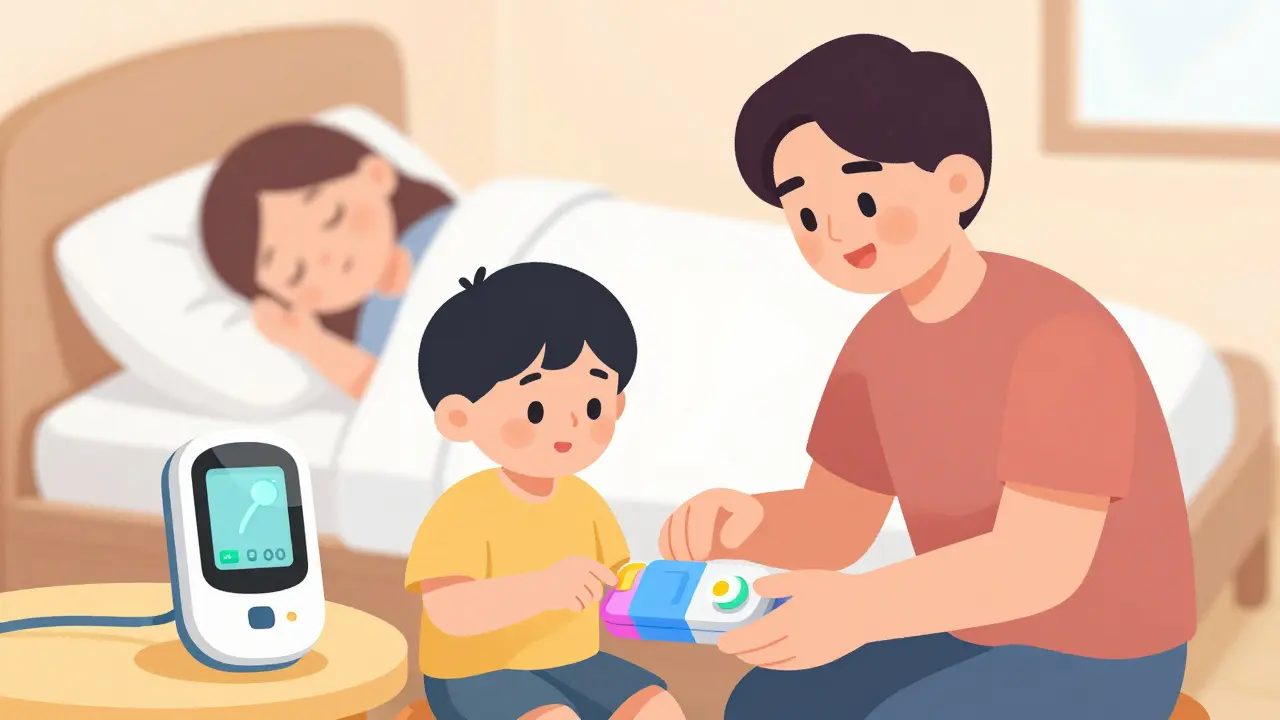 A parent assisting a child with an insulin pump at bedtime, with a glowing CGM and peaceful sleep scene in the background.