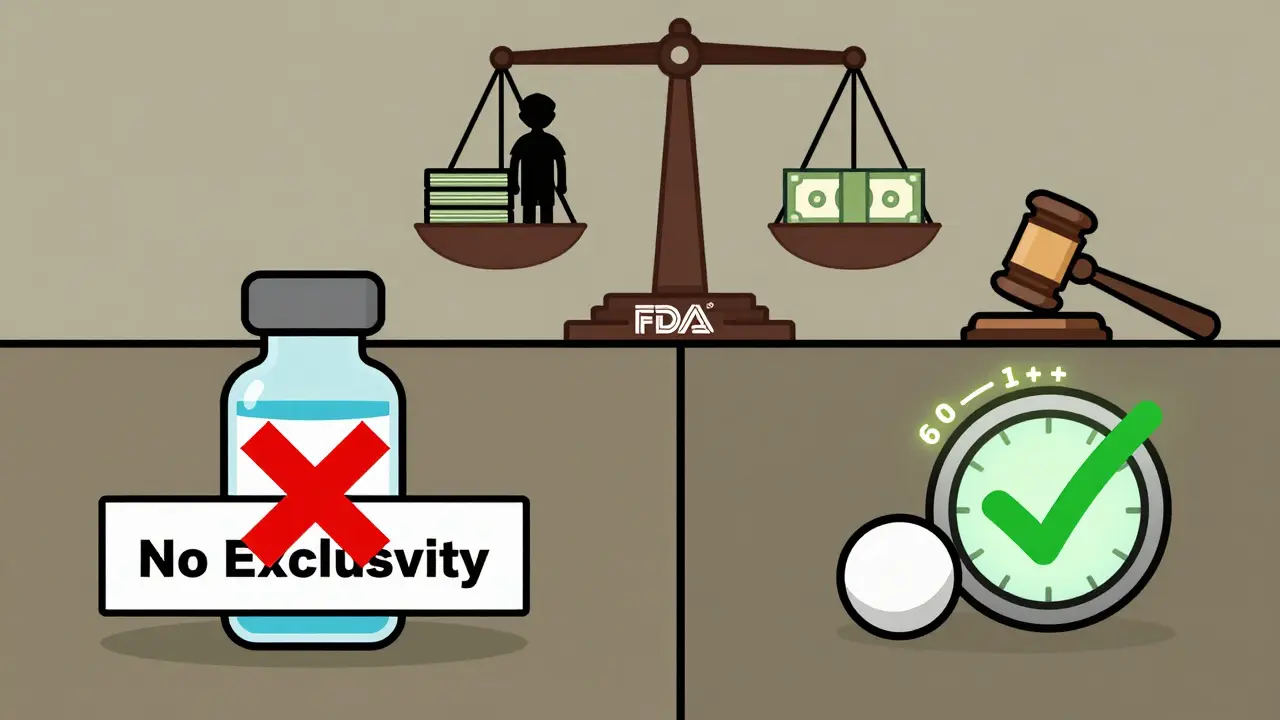 A split image contrasts biologics without exclusivity and small-molecule drugs with six-month pediatric protection.