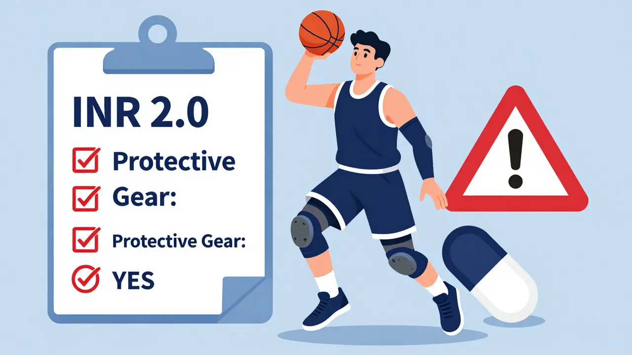 Basketball player in protective gear with medical checklist showing INR 2.0 and DOAC pill.