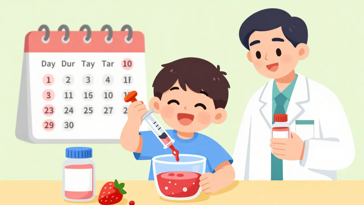 Child taking flavored antibiotic with syringe while pharmacist smiles nearby