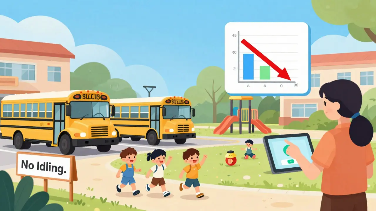 Children playing at school with electric buses parked away from playground, air quality improving.