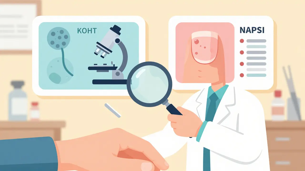Dermatologist examining a nail under magnifying glass with diagnostic icons floating above showing fungal hyphae and psoriasis patterns.