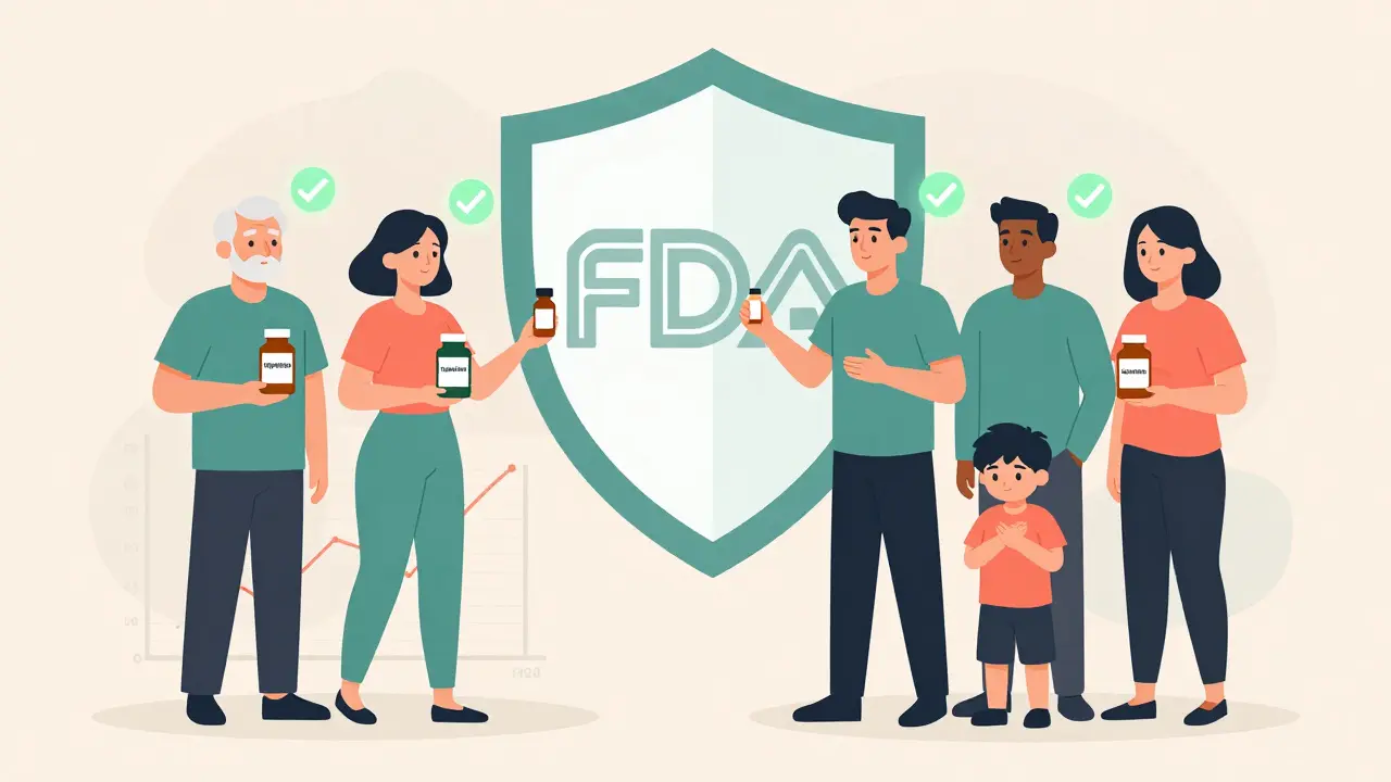 Diverse patients holding generic medication bottles with green checkmarks above their heads and an FDA shield in the background.