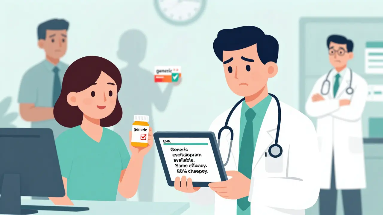 Doctor hesitates at EHR prompt about cheaper generic drug while patient smiles confidently.