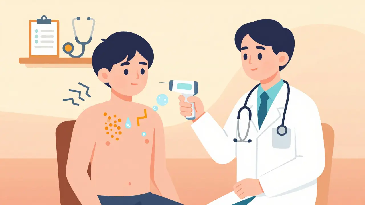 Doctor monitoring patient in warm room as nerve signals trigger histamine release from skin cells.