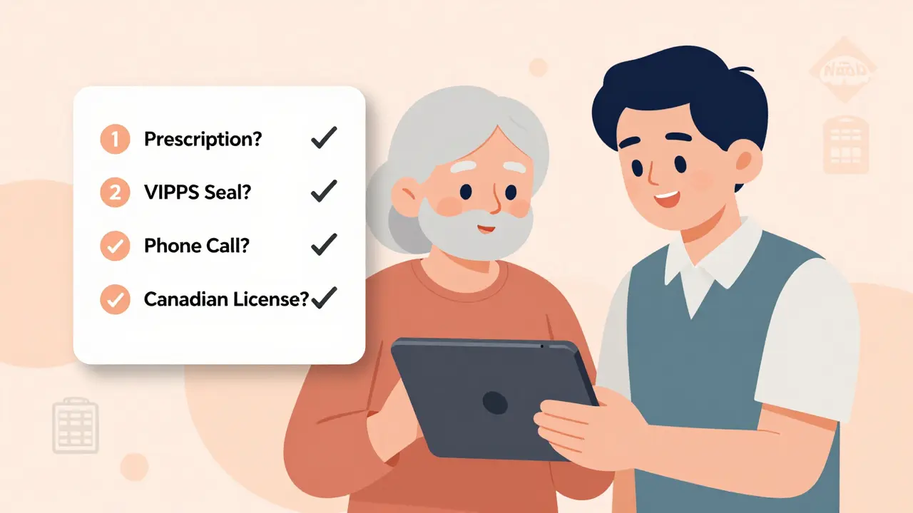 Elderly person learning to check online pharmacy safety with family help, checklist and trusted icons shown.