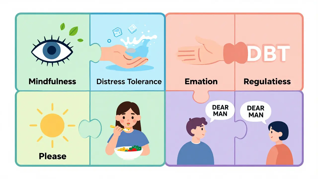 Four colorful flat design panels illustrating DBT skills: Mindfulness, Distress Tolerance, Emotion Regulation, and Interpersonal Effectiveness.