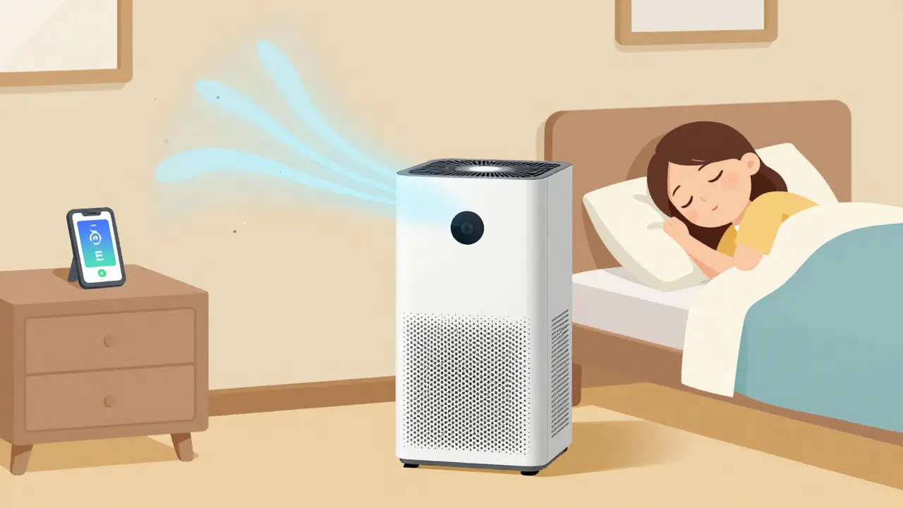 HEPA air purifier cleaning indoor air in a bedroom, with clean air waves and trapped pollutants visible.