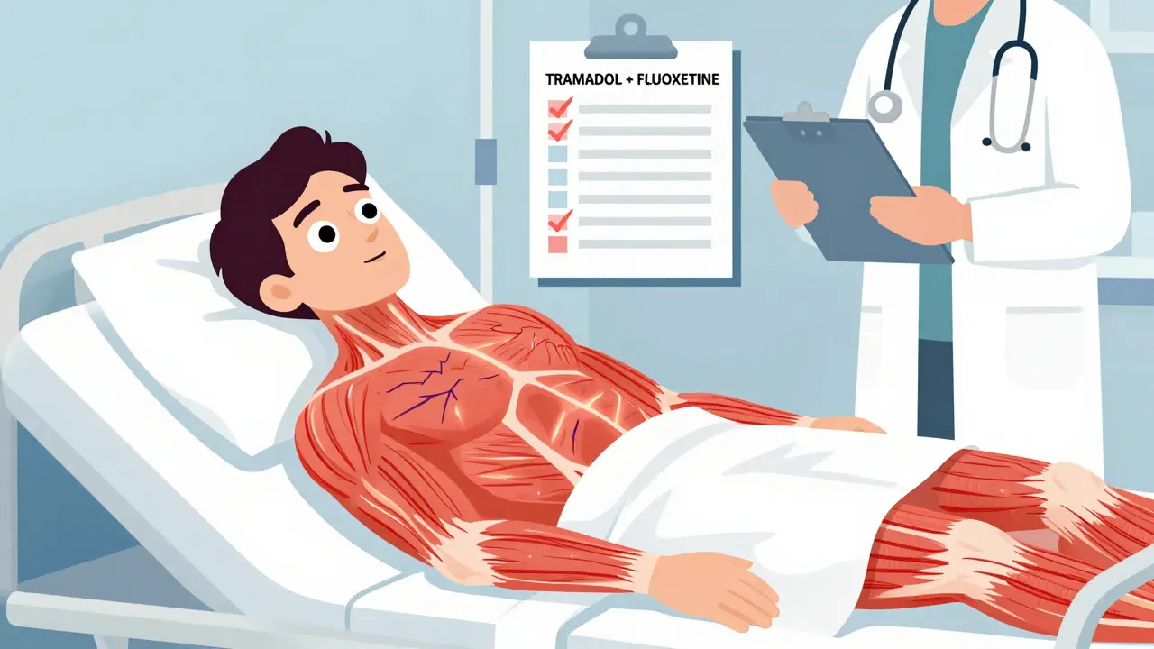 Hospital scene with a patient exhibiting serotonin syndrome symptoms: fever, muscle twitching, and dilated pupils.