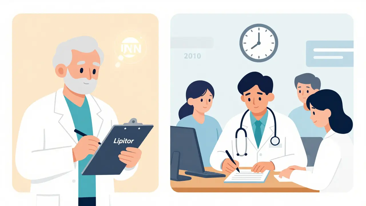 Junior doctor switches from prescribing brand name to generic drug in a Swedish medical classroom.