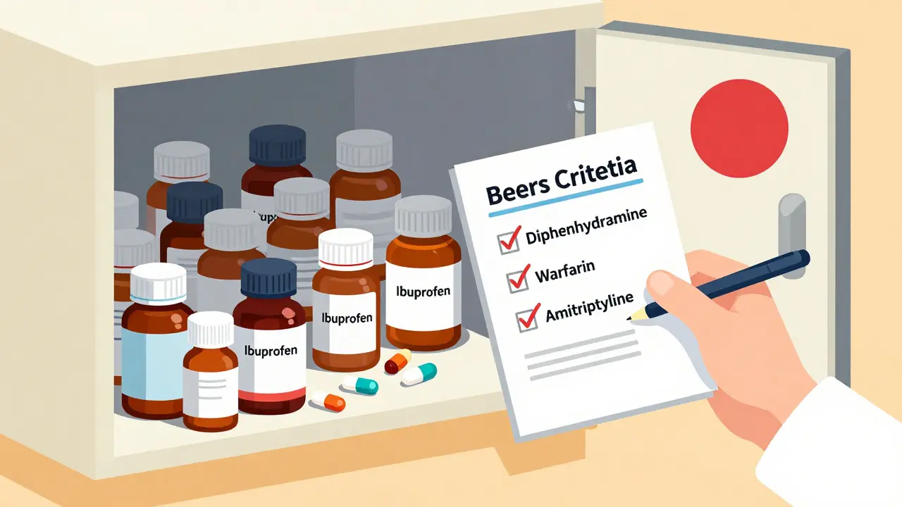 Medicine cabinet overflowing with pills, crossed out by Beers Criteria checklist.