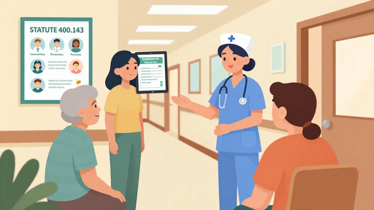 Nurse explaining medication change to elderly patient and family in nursing home