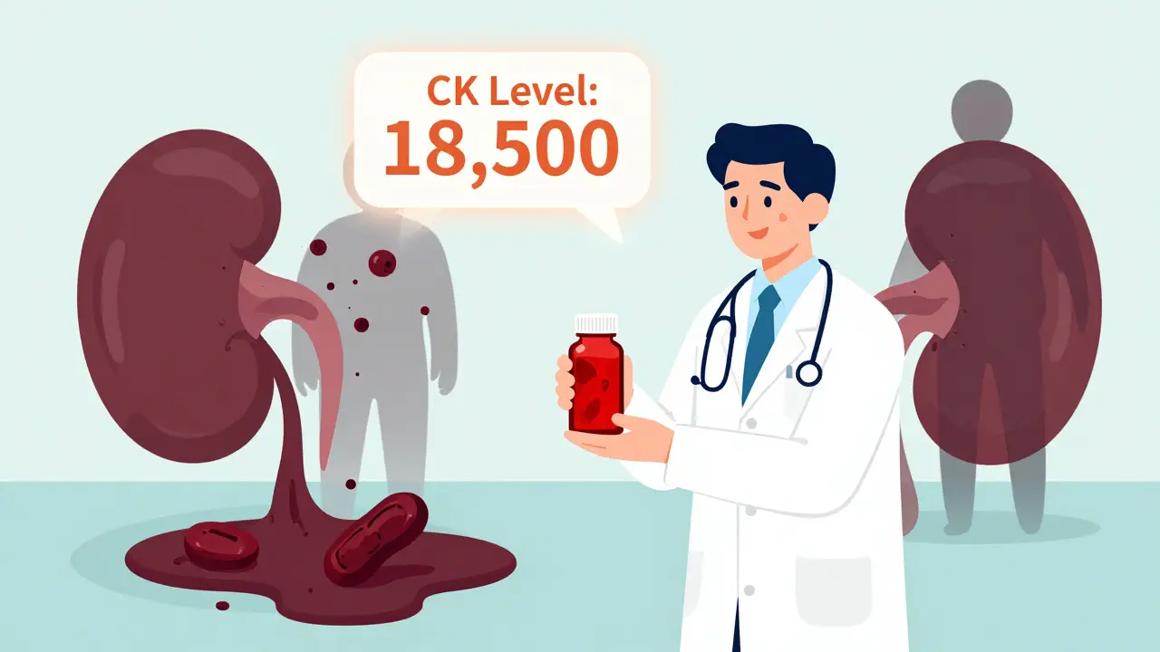 Patient giving doctor red yeast rice while shadowy muscle and kidney damage forms behind them.