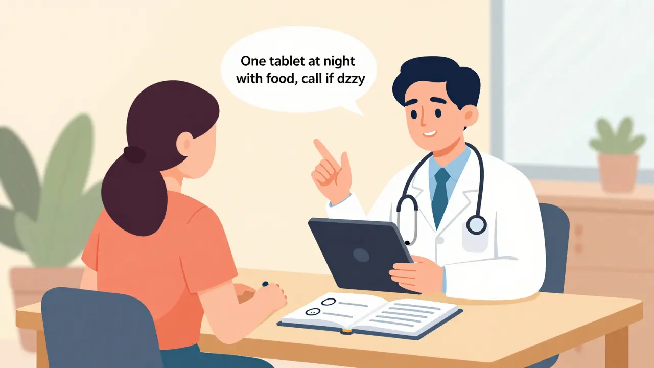 Patient repeating medication instructions to a doctor while checking a health journal