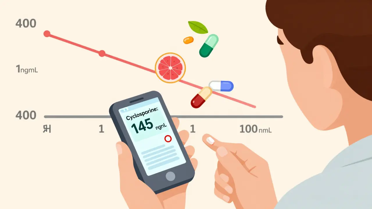 Patient using a handheld device to check cyclosporine level, with a timeline of dosage targets and interacting drugs.