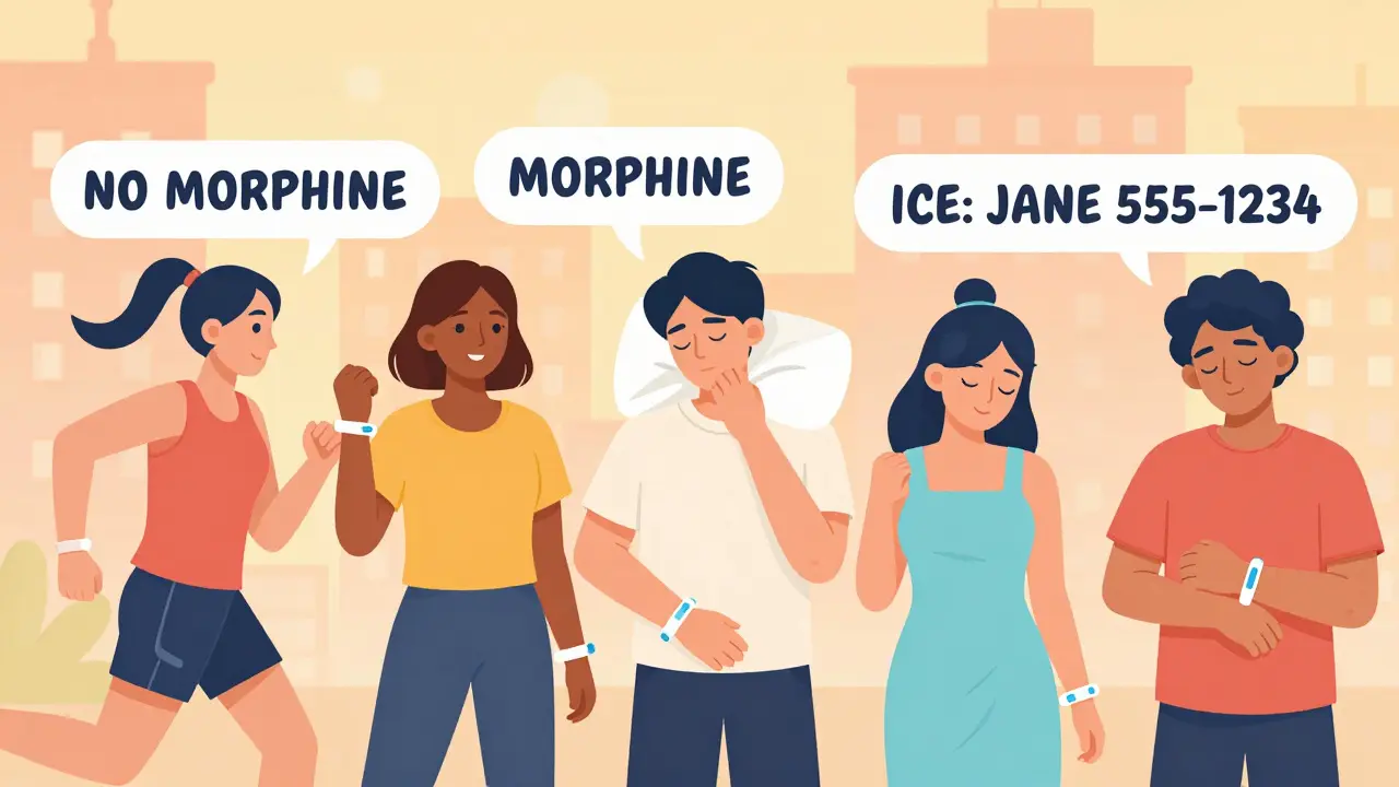 People wearing medical alert bracelets during daily life, with key allergy info floating nearby.