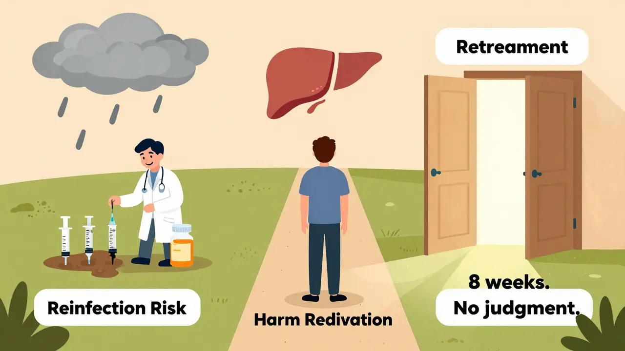Person choosing harm reduction path with clean needles and provider, avoiding reinfection risk and finding retreatment.