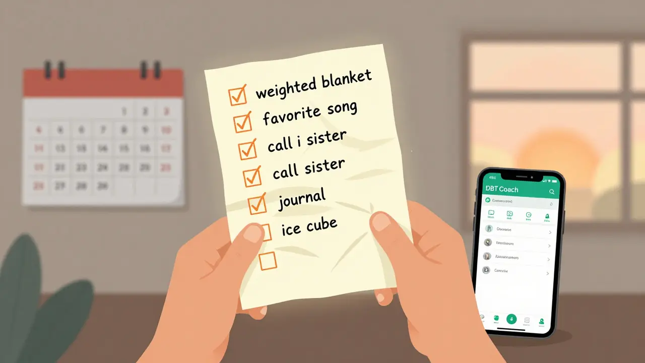 Person holding a transforming crisis plan checklist with items like weighted blanket and ice cube, smartphone nearby, sunrise lighting.