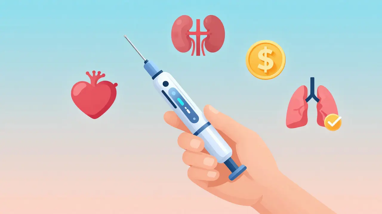 Person holding once-weekly insulin pen with health and affordability icons floating around.