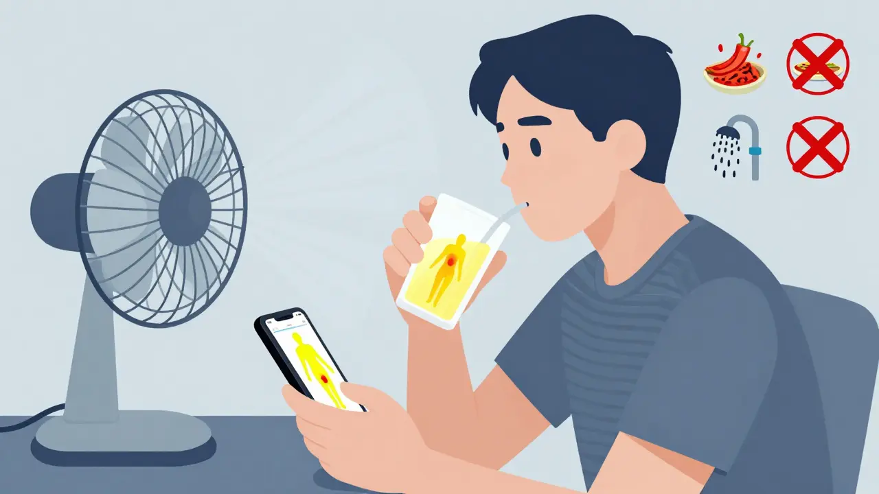 Person using app to track body heat while wearing cooling clothing and avoiding heat triggers.