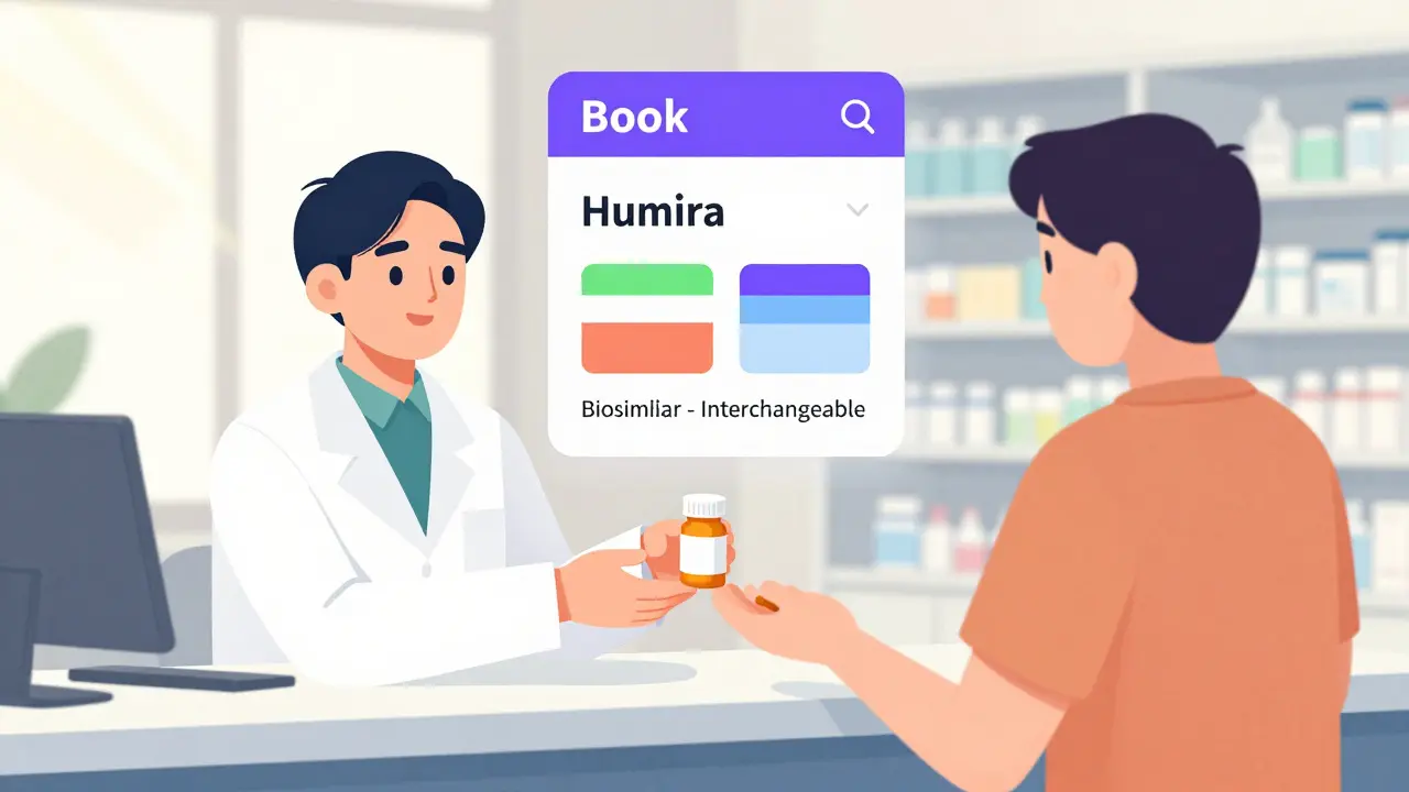 Pharmacist giving a biosimilar medication to a patient, with Purple Book interface visible in background indicating interchangeability.
