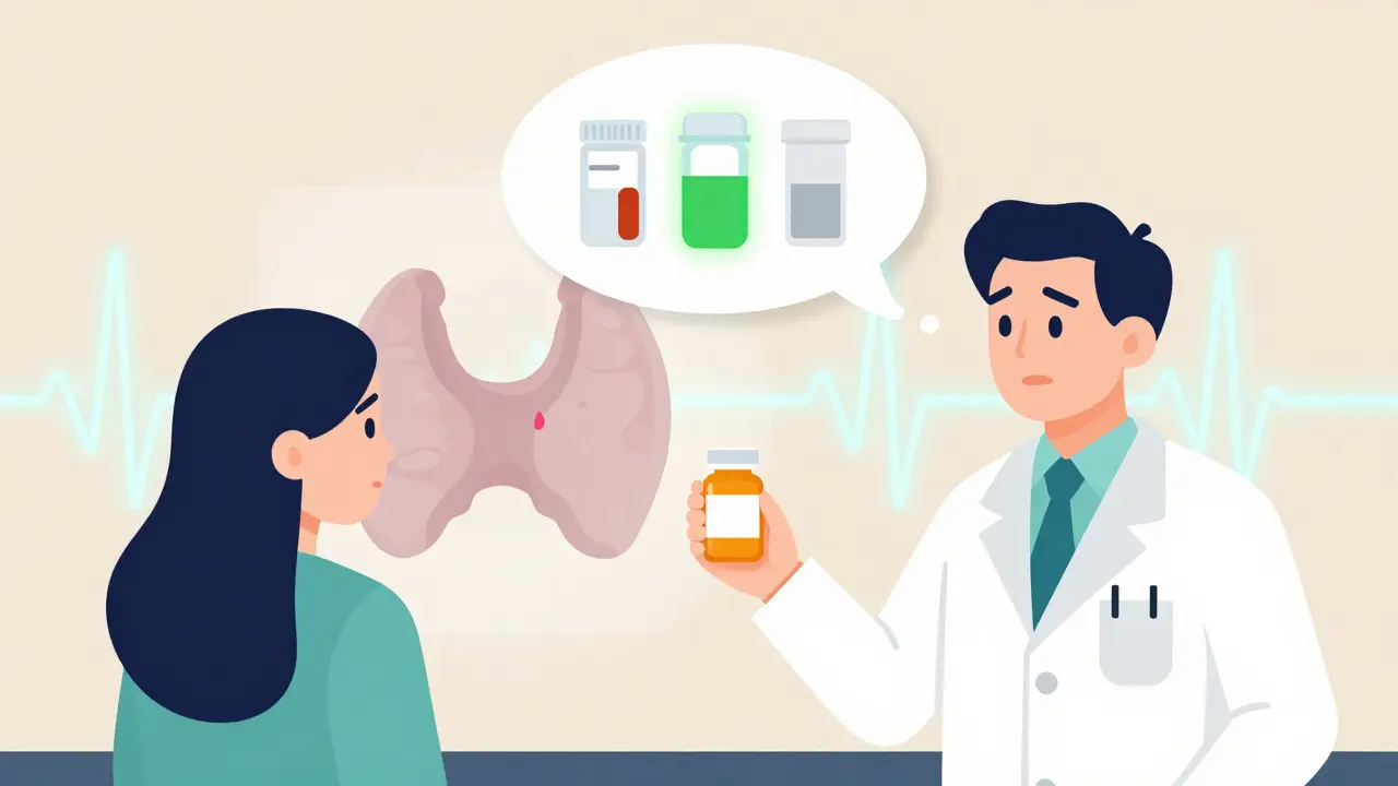 Pharmacist giving a generic pill bottle to a patient, with thought bubble showing three drug variants and medical icons behind them.