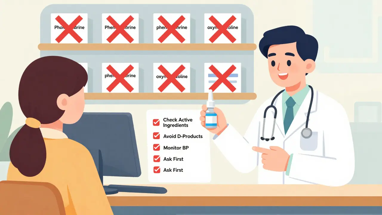 Pharmacist giving saline spray while patient checks medication list with red Xs over unsafe decongestants.