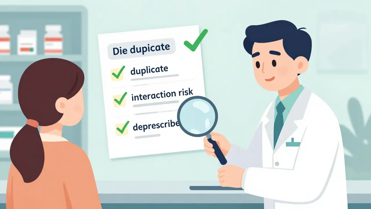 Pharmacist reviewing prescriptions with a magnifying glass, spotting interactions and duplicates