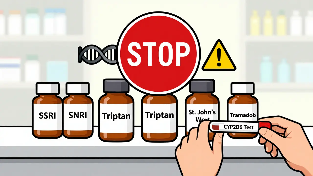 Pharmacy counter with tramadol and other serotonergic drugs, a red stop sign, and a genetic test tube nearby.
